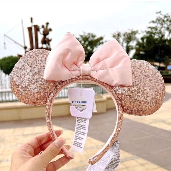 Minnie Mouse Ears Rose Gold Disney Parks Pink Bow Satin Headband Sequin